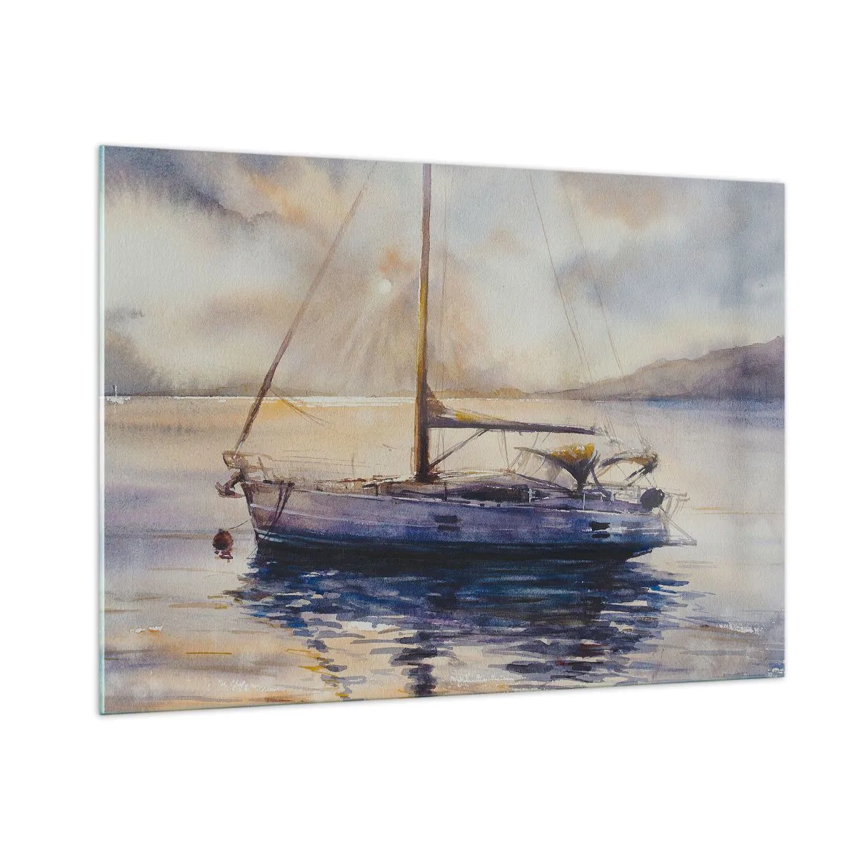 Glasbild - Bild auf glas - Eine Yacht, die in der Abenddämmerung in einer ruhigen Bucht vor Anker liegt - 100x70cm - Abend in der Bucht - Moderne Wanddekoration für Wohnzimmer und Schlafzimmer ARTTOR