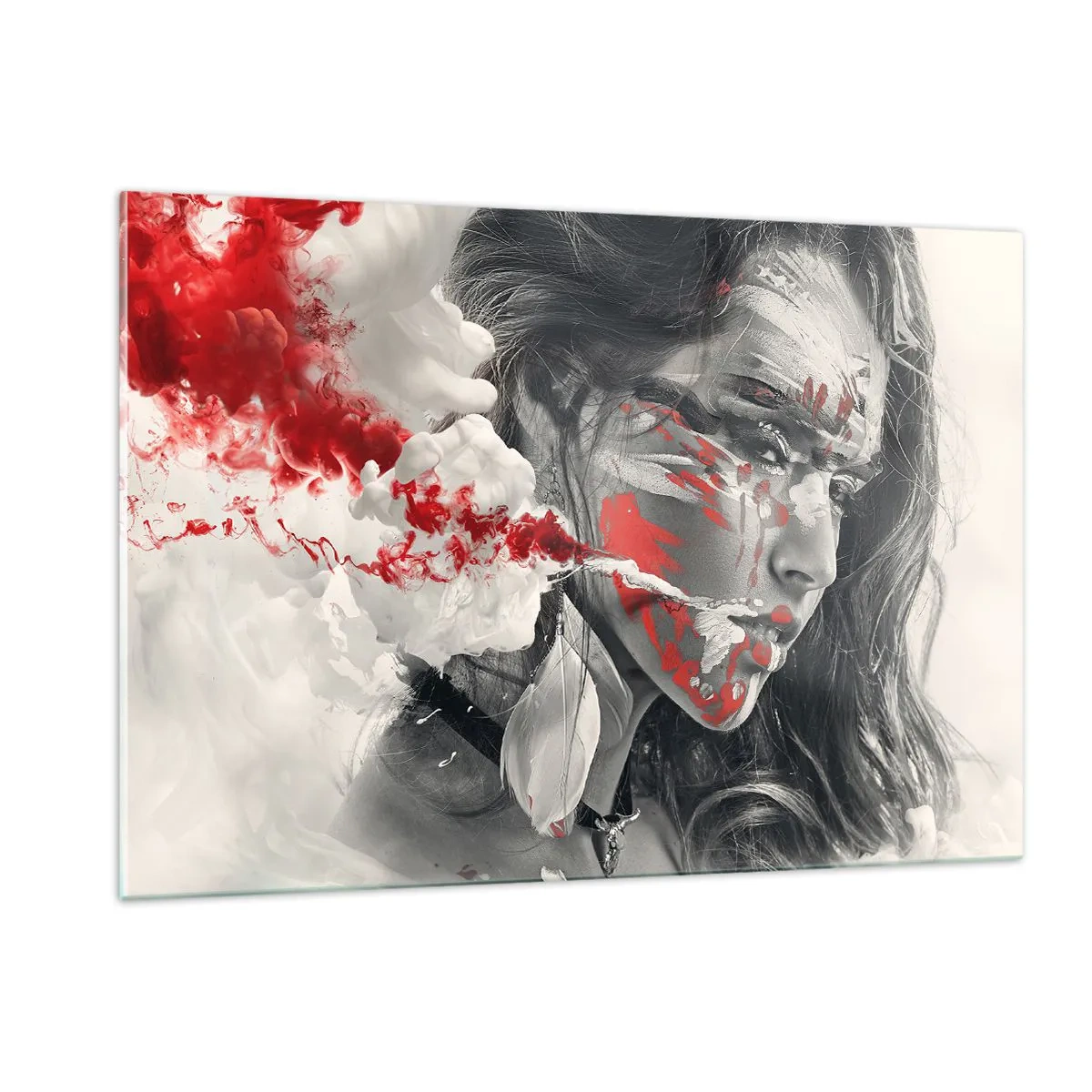 Glasbild - Bild auf glas - Porträt einer Frau mit abstrakten rot-weißen Mustern - 120x80cm - Im Dunst der Absurdität - Moderne Wanddekoration für Wohnzimmer und Schlafzimmer ARTTOR