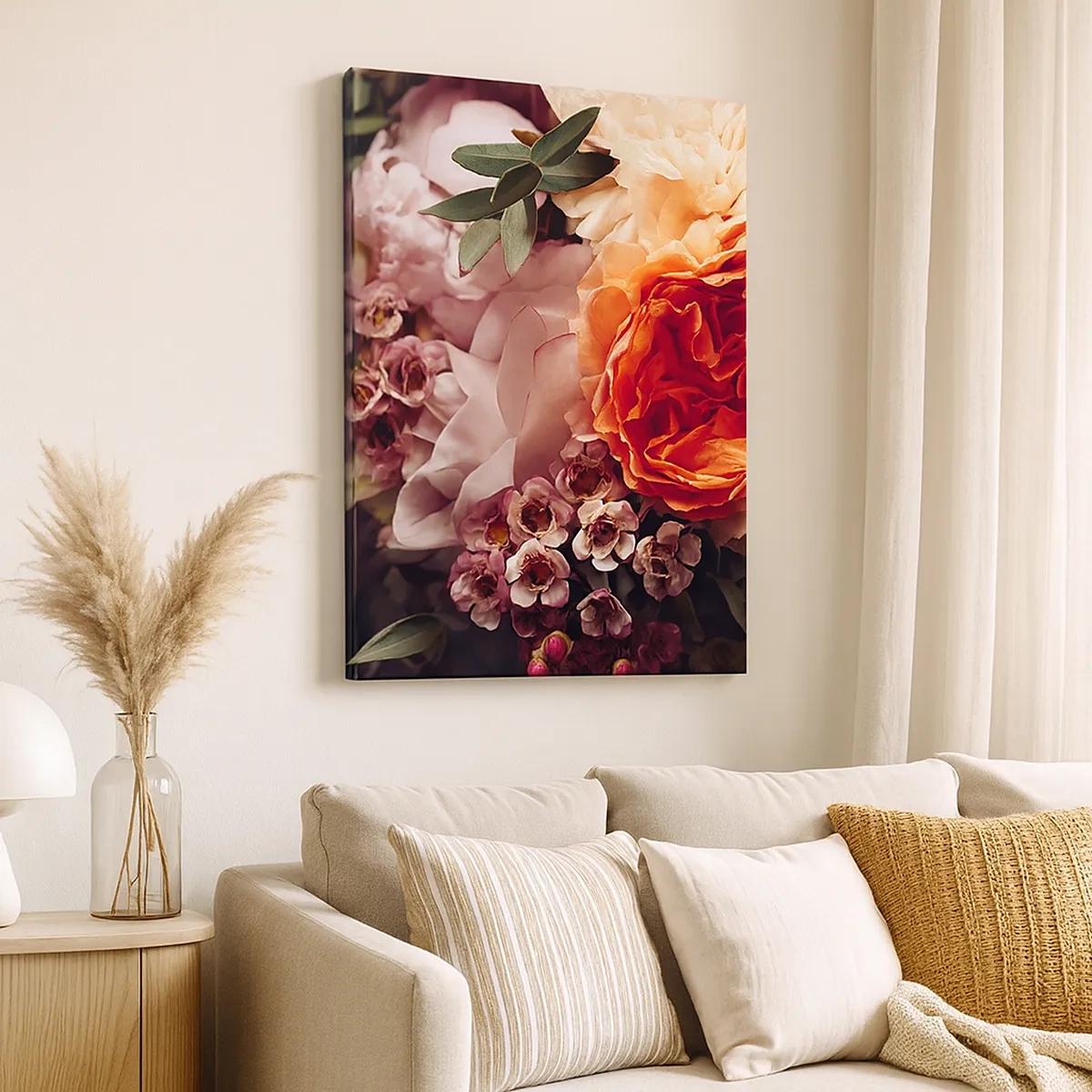 Bild auf Leinwand - Leinwandbild - Eine Nahaufnahme einer farbenfrohen Blumenkomposition - 50x70cm - Eingehüllt in Schönheit - Moderne Wanddekoration für Wohnzimmer und Schlafzimmer ARTTOR