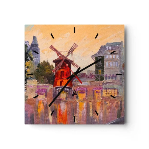 Wanduhr - Glasuhr - Die rote Windmühle des Moulin Rouge, umgeben von der Stadtlandschaft - 30x30cm - Pariser Ikonen – Moulin Rouge - Moderne Wanddekoration für Wohnzimmer und Schlafzimmer ARTTOR