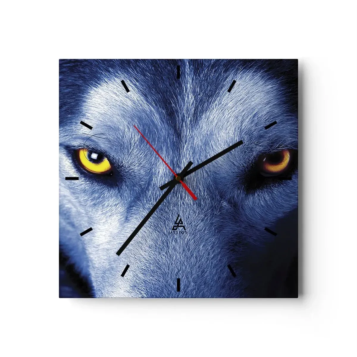 Wanduhr - Glasuhr - Nahaufnahme des intensiven Blicks eines Wolfes vor dunklem Hintergrund - 30x30cm - Faszinierender Blick - Moderne Wanddekoration für Wohnzimmer und Schlafzimmer ARTTOR