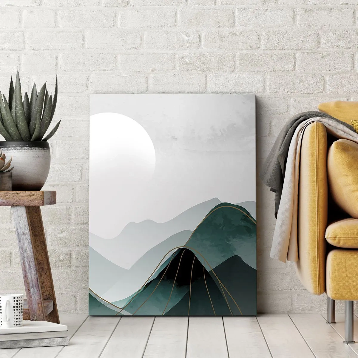 Bild auf Leinwand - Leinwandbild - Abstrakte Berglandschaft mit Mond und goldenen Linien - 80x120cm - In voller Majestät - Moderne Wanddekoration für Wohnzimmer und Schlafzimmer ARTTOR