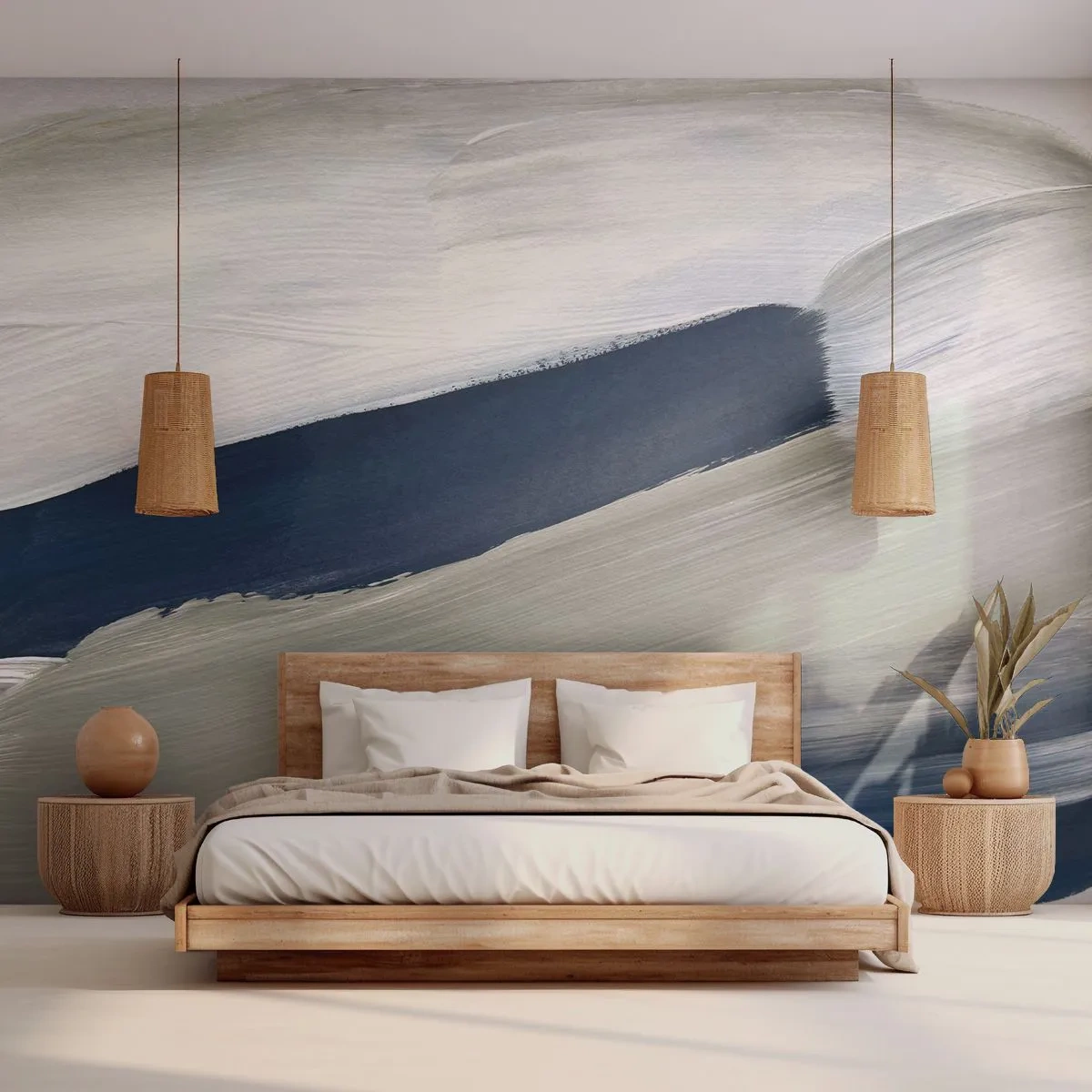 Fototapete Premium Sand - Abstrakte Pinselstriche in Weiß, Grau und Marineblau - 100x70cm - Begegnung mit dem Weißsein - Moderne Wanddekoration für Wohnzimmer und Schlafzimmer ARTTOR