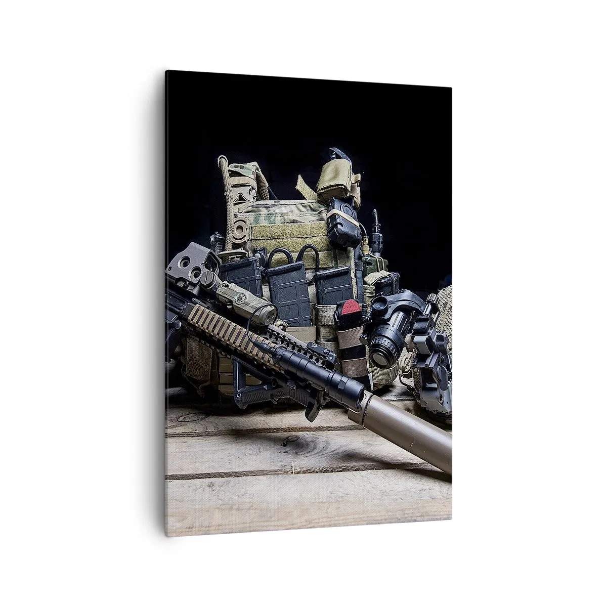 Bild auf Leinwand - Leinwandbild - Taktische Ausrüstung mit einem Gewehr auf einem Holztisch - 70x100cm - Sich ausruhen! - Moderne Wanddekoration für Wohnzimmer und Schlafzimmer ARTTOR
