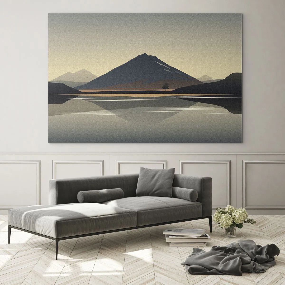 Glasbild - Bild auf glas - Berge und See in warmen Tönen mit reflektierendem Effekt - 70x50cm - Spiegelreflexion - Moderne Wanddekoration für Wohnzimmer und Schlafzimmer ARTTOR