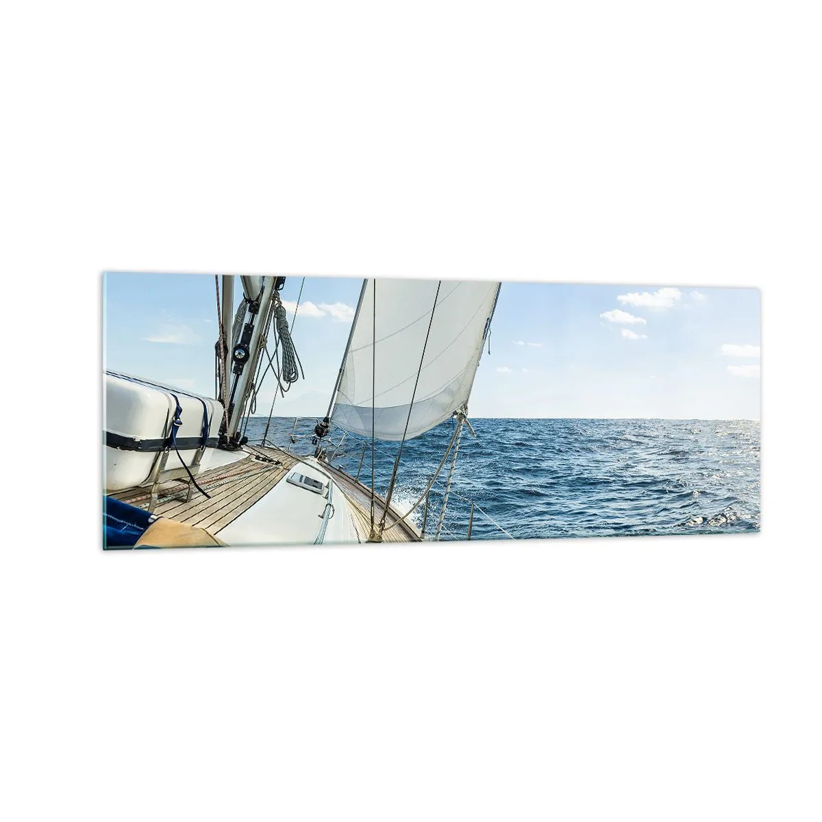 Glasbild - Bild auf glas - Ein Segelboot auf ruhiger See unter blauem Himmel - 140x50cm - Ahoi, Abenteuer - Moderne Wanddekoration für Wohnzimmer und Schlafzimmer ARTTOR