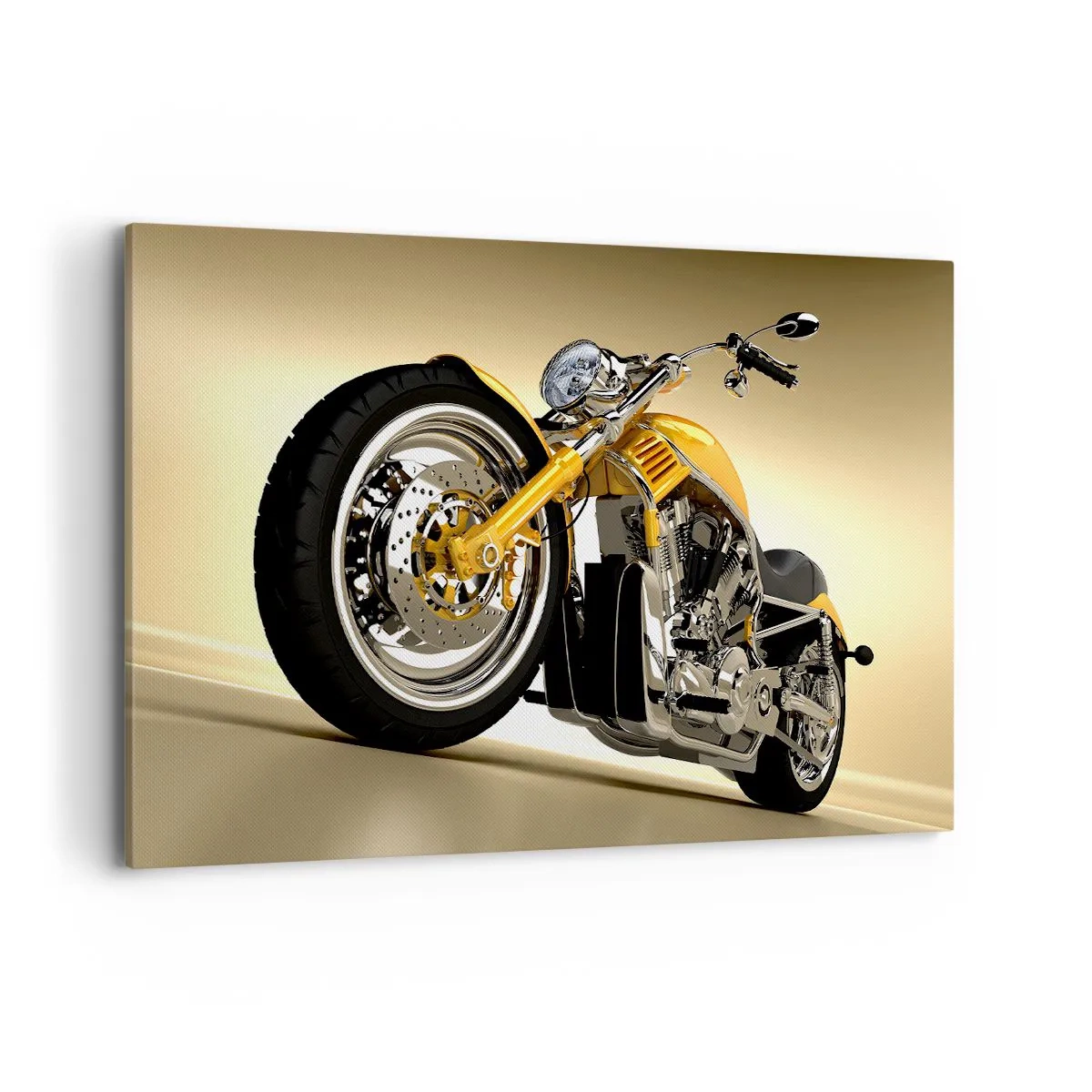 Bild auf Leinwand - Leinwandbild - Ein gelbes Motorrad im Chopper-Stil vor einer beigen Wand - 120x80cm - Ein Traum von Kraft und Geschwindigkeit - Moderne Wanddekoration für Wohnzimmer und Schlafzimmer ARTTOR