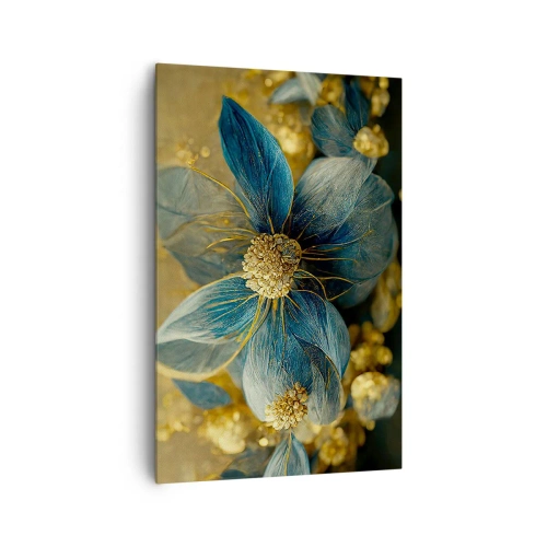 Bild auf Leinwand - Leinwandbild - Elegante Blumen in Blau- und Goldtönen - 80x120cm - Mit Gold blühen - Moderne Wanddekoration für Wohnzimmer und Schlafzimmer ARTTOR