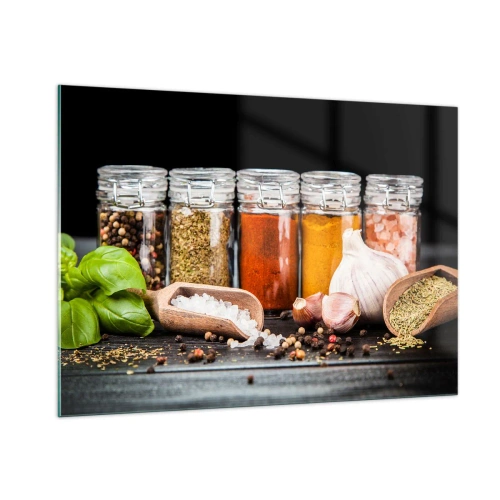 Glasbild - Bild auf glas - Bunte Gewürze in Gläsern auf dunklem Hintergrund - 100x70cm - Für einen Geschmack des Lebens - Moderne Wanddekoration für Wohnzimmer und Schlafzimmer ARTTOR