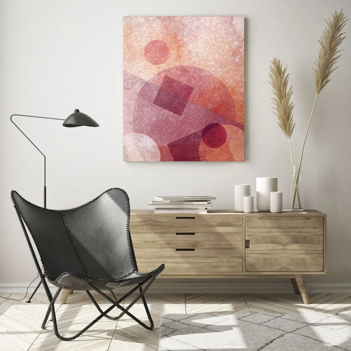 Glasbild - Bild auf glas - Abstrakte geometrische Komposition in Rosa- und Orangetönen - 50x70cm - Geometrische Transformationen in Pink - Moderne Wanddekoration für Wohnzimmer und Schlafzimmer ARTTOR