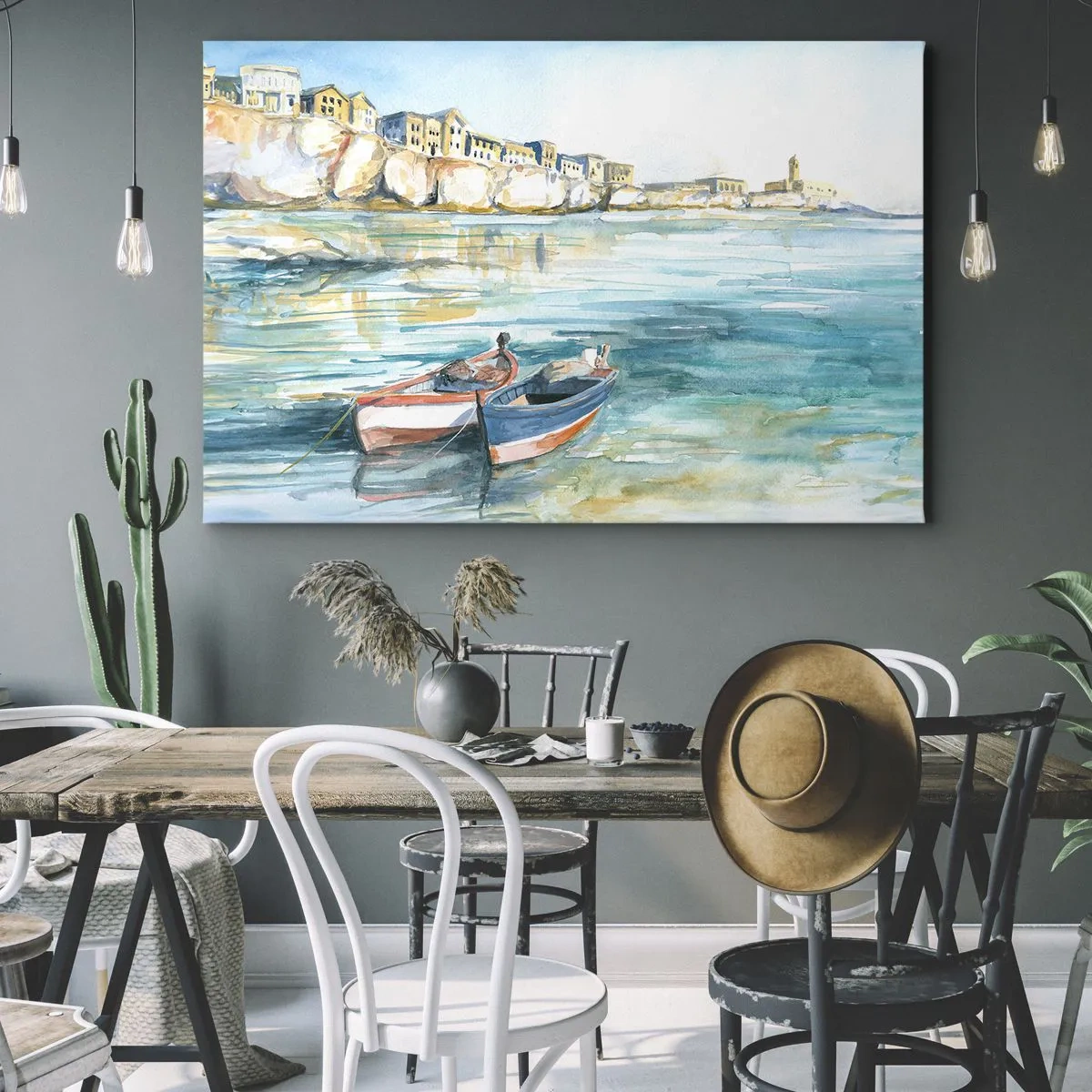 Bild auf Leinwand - Leinwandbild - Eine malerische Küstenlandschaft mit Booten auf dem Wasser - 70x50cm - Landschaft in Azurblau - Moderne Wanddekoration für Wohnzimmer und Schlafzimmer ARTTOR