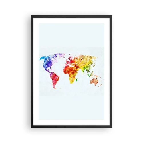 Poster in einem schwarzem Rahmen - Bunte Aquarell-Weltkarte - 50x70cm - Alle Farben der Welt - Moderne Wanddekoration für Wohnzimmer und Schlafzimmer ARTTOR