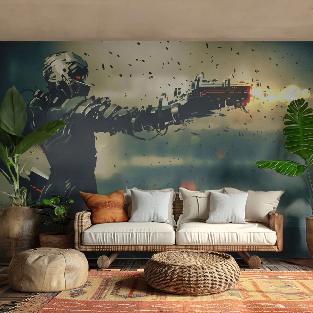 Fototapete Premium Sand - Kybernetischer Krieger mit einer Waffe in einer futuristischen Welt - 100x70cm - Tödliche Waffe - Dein ganz eigener Terminator - Moderne Wanddekoration für Wohnzimmer und Schlafzimmer ARTTOR