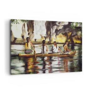 Bild auf Leinwand - Leinwandbild - Frauen in einem Boot auf einem ruhigen Fluss mit malerischer Kulisse - 120x80cm - In einem polynesischen Paradies - Moderne Wanddekoration für Wohnzimmer und Schlafzimmer ARTTOR