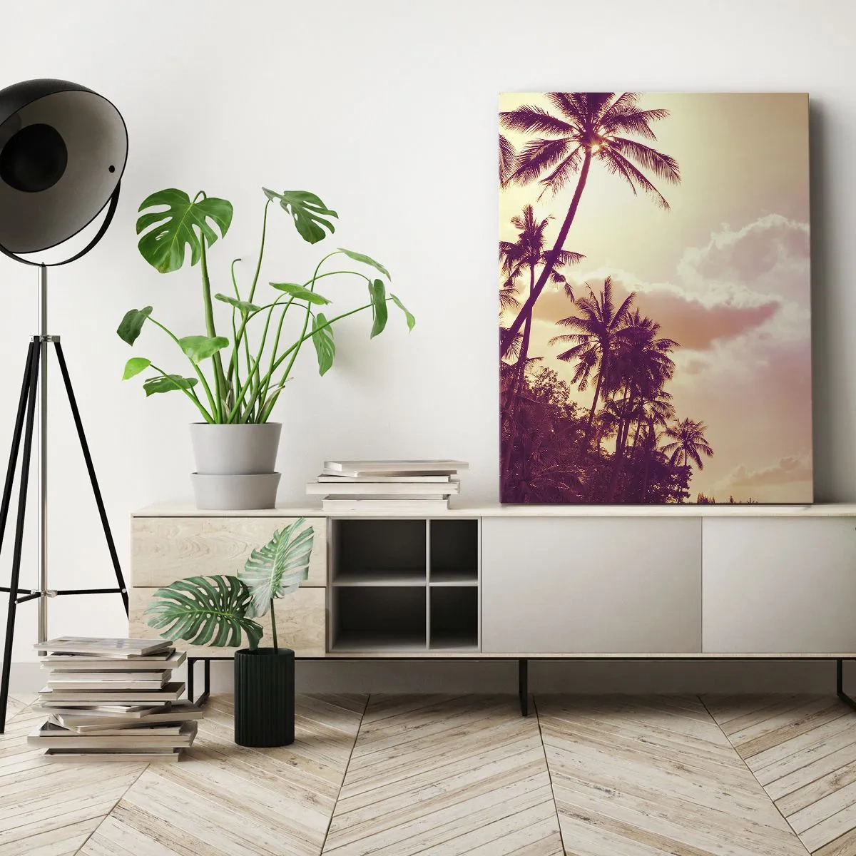 Bild auf Leinwand - Leinwandbild - Palmen, beleuchtet von der untergehenden Sonne in einem tropischen Himmel - 70x100cm - Du musst auswählen - Moderne Wanddekoration für Wohnzimmer und Schlafzimmer ARTTOR