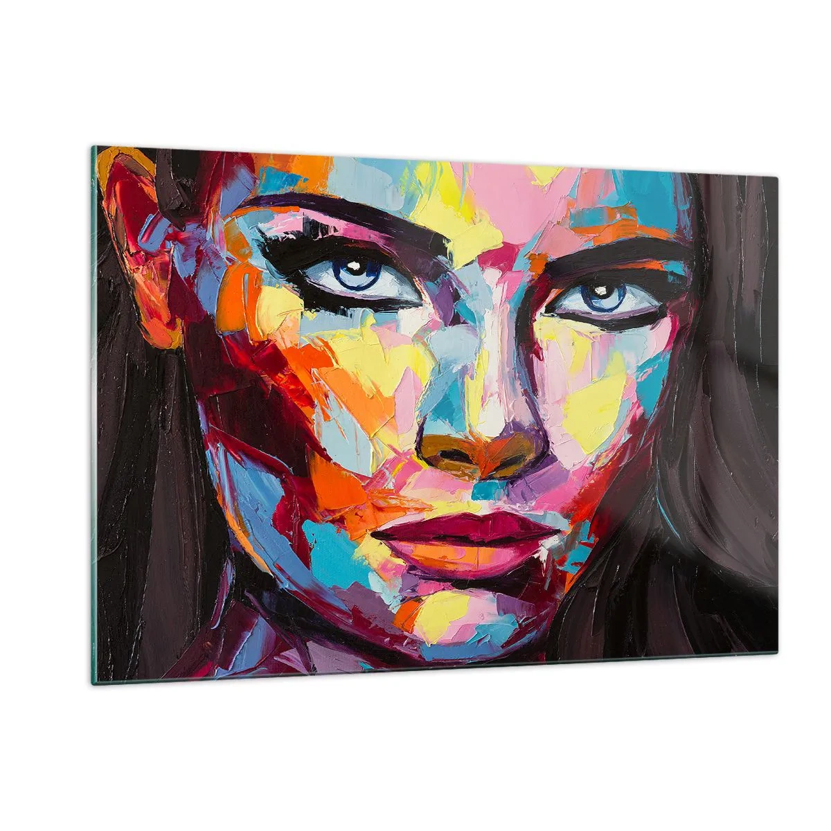 Glasbild - Bild auf glas - Farbenfrohes Porträt einer Frau im abstrakten Stil - 120x80cm - Auch die Seele ist bunt - Moderne Wanddekoration für Wohnzimmer und Schlafzimmer ARTTOR