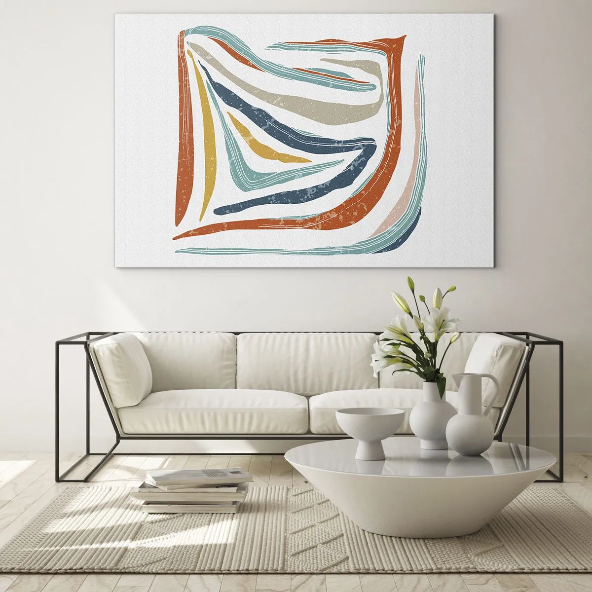 Glasbild - Bild auf glas - Bunte Streifen erzeugen eine dynamische Abstraktion auf weißem Hintergrund - 70x50cm - Abstraktion mit einem freundlichen Lächeln - Moderne Wanddekoration für Wohnzimmer und Schlafzimmer ARTTOR