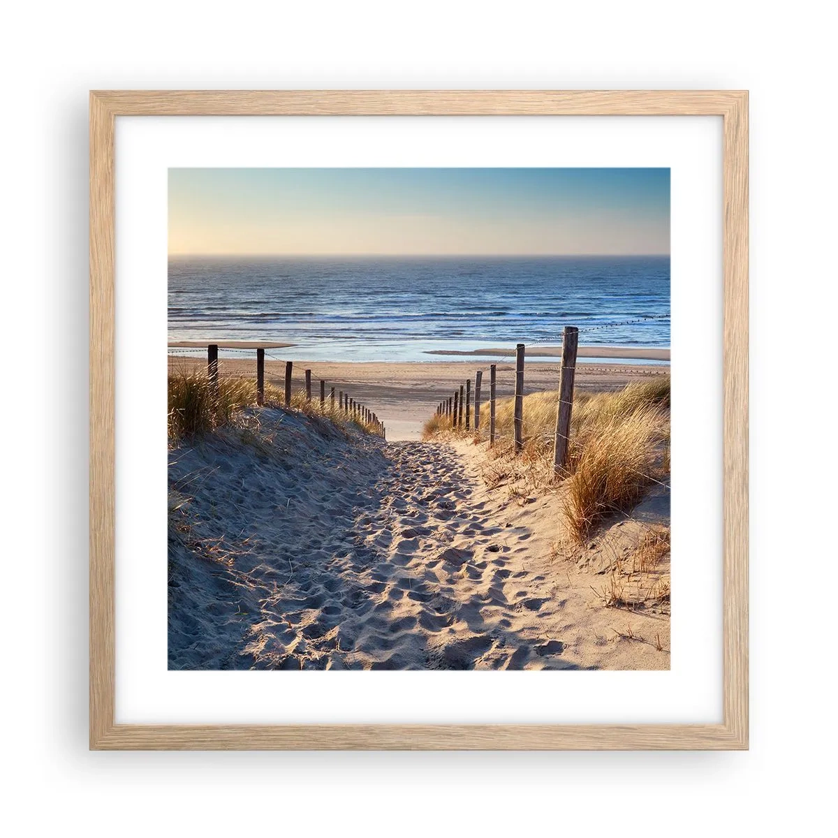 Poster in einem Rahmen aus heller Eiche - Das Rauschen des Meeres, der Gesang der Vögel, ein wilder Strand im Gras ... - 40x40 cm