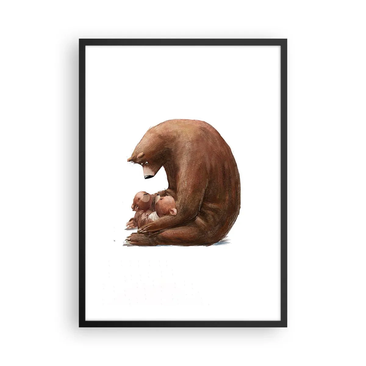 Poster in einem schwarzem Rahmen - Mama Bär umarmt zwei kleine Bären in einer herzlichen Umarmung - 50x70cm - Süße Träume, Kinder - Moderne Wanddekoration für Wohnzimmer und Schlafzimmer ARTTOR