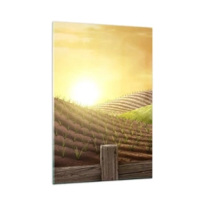 Glasbild - Bild auf glas - Ländliche Landschaft mit einer roten Scheune, Traktor und Sonnenaufgang - 80x120cm - Ein Bauernhof wie aus einem Märchen - Moderne Wanddekoration für Wohnzimmer und Schlafzimmer ARTTOR