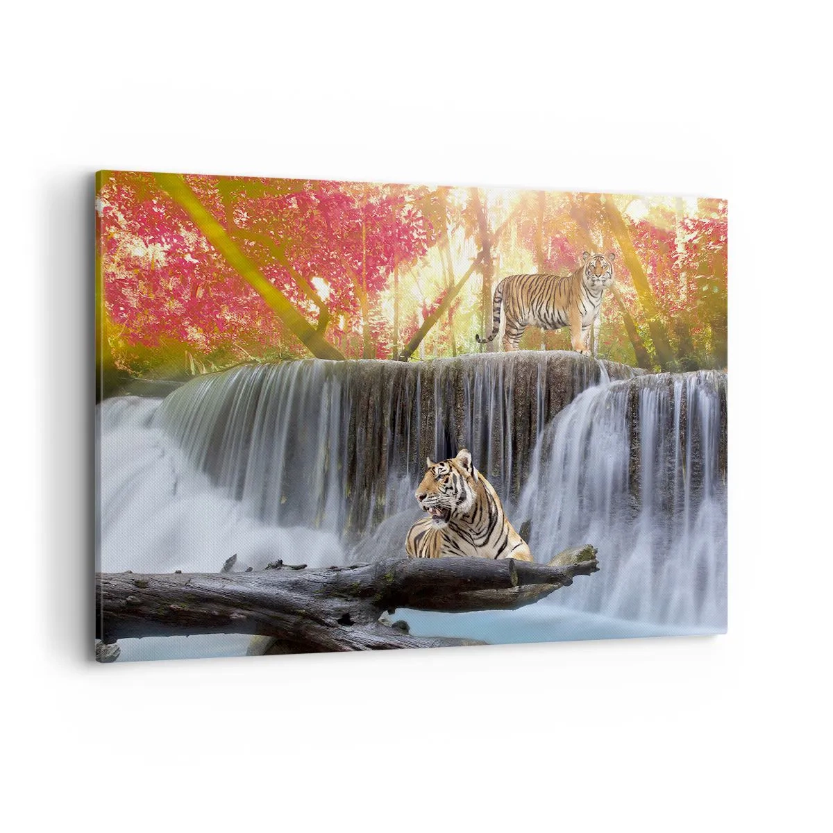 Bild auf Leinwand - Leinwandbild - Tiger an einem Wasserfall im Herbstwald - 100x70cm - Surreale Landschaft - Moderne Wanddekoration für Wohnzimmer und Schlafzimmer ARTTOR