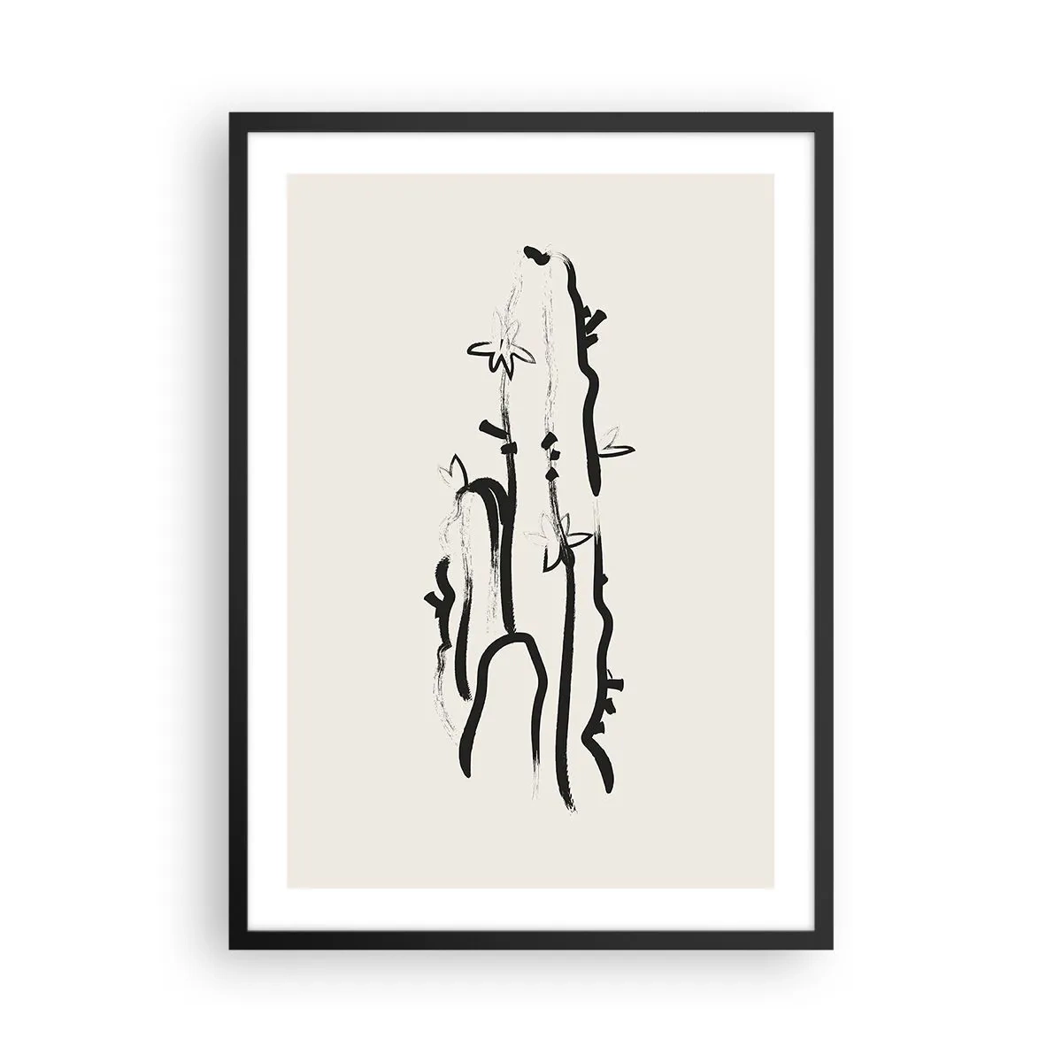 Poster in einem schwarzem Rahmen - Minimalistische Kaktuszeichnung - 50x70cm - Blühendes Kraut - Moderne Wanddekoration für Wohnzimmer und Schlafzimmer ARTTOR