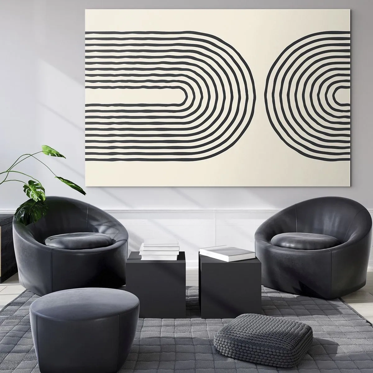 Glasbild - Bild auf glas - Ein abstraktes Gemälde in Schwarzweiß, das bogenförmige Linien darstellt. - 70x50cm - In einem Moment ... - Moderne Wanddekoration für Wohnzimmer und Schlafzimmer ARTTOR