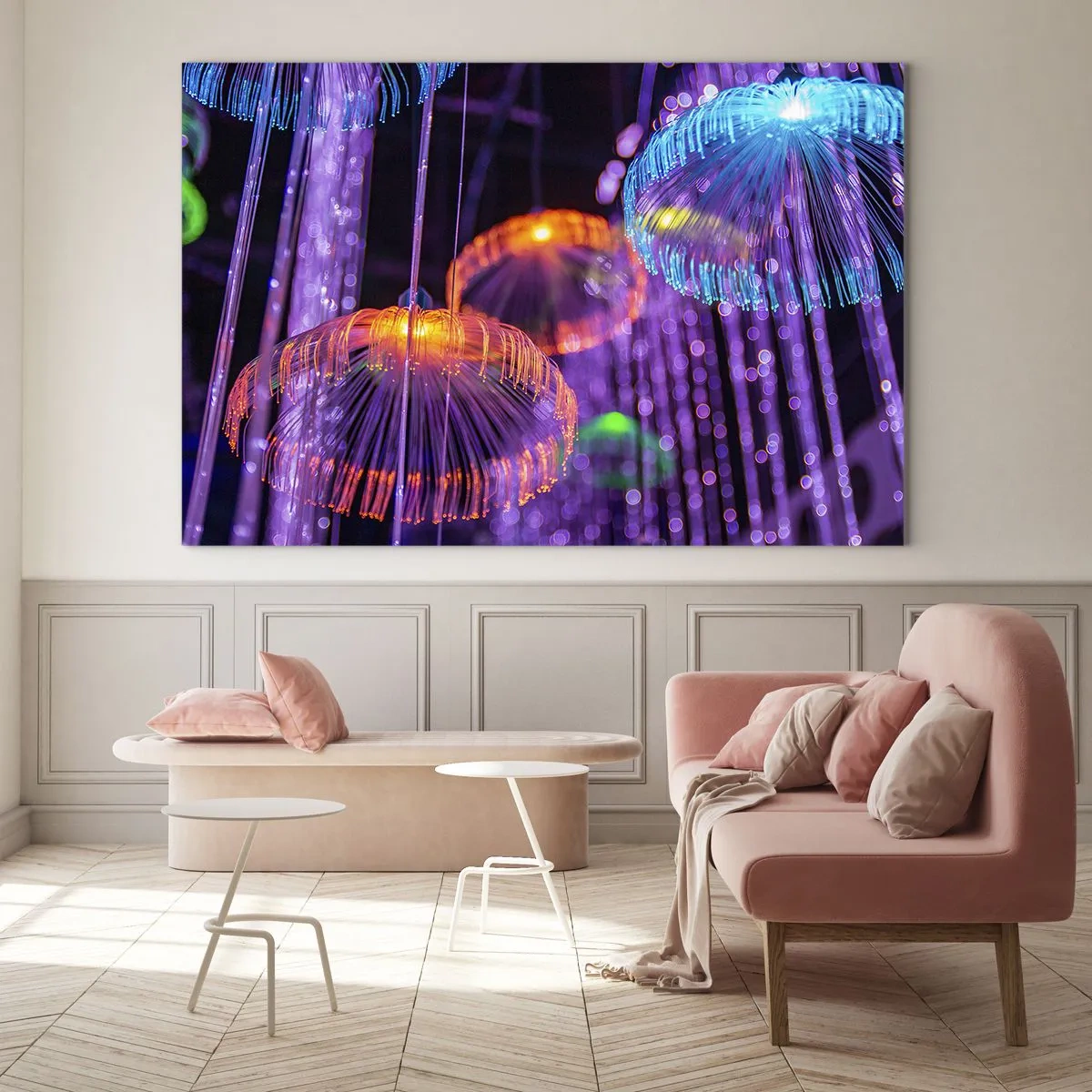 Glasbild - Bild auf glas - Bunte Lichtstrukturen, die an Quallen erinnern - 70x50cm - Lichtbrunnen - Moderne Wanddekoration für Wohnzimmer und Schlafzimmer ARTTOR