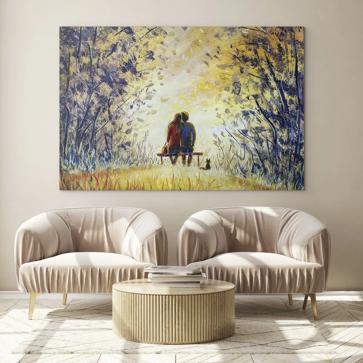Glasbild - Bild auf glas - Ein Paar auf einer Bank in einem magischen Moment - 70x50cm - Magischer Augenblick - Moderne Wanddekoration für Wohnzimmer und Schlafzimmer ARTTOR
