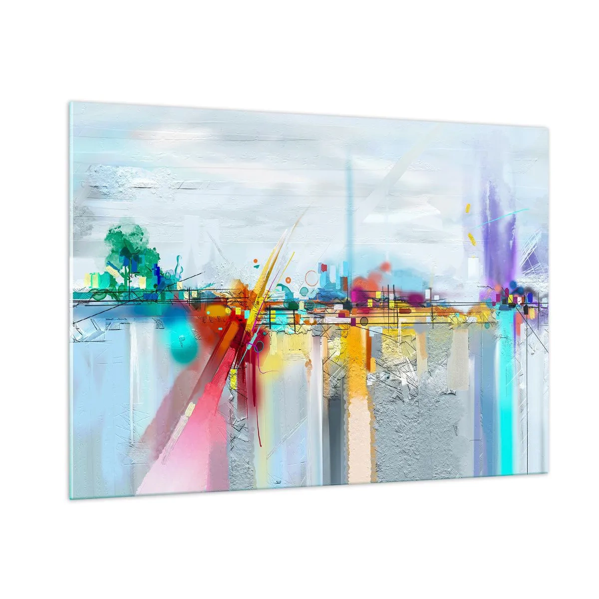 Glasbild - Bild auf glas - Abstrakte Brücke in leuchtenden Farben über einem Fluss mit pastellfarbenem Hintergrund - 100x70cm - Freudenbrücke über den Fluss des Lebens - Moderne Wanddekoration für Wohnzimmer und Schlafzimmer ARTTOR
