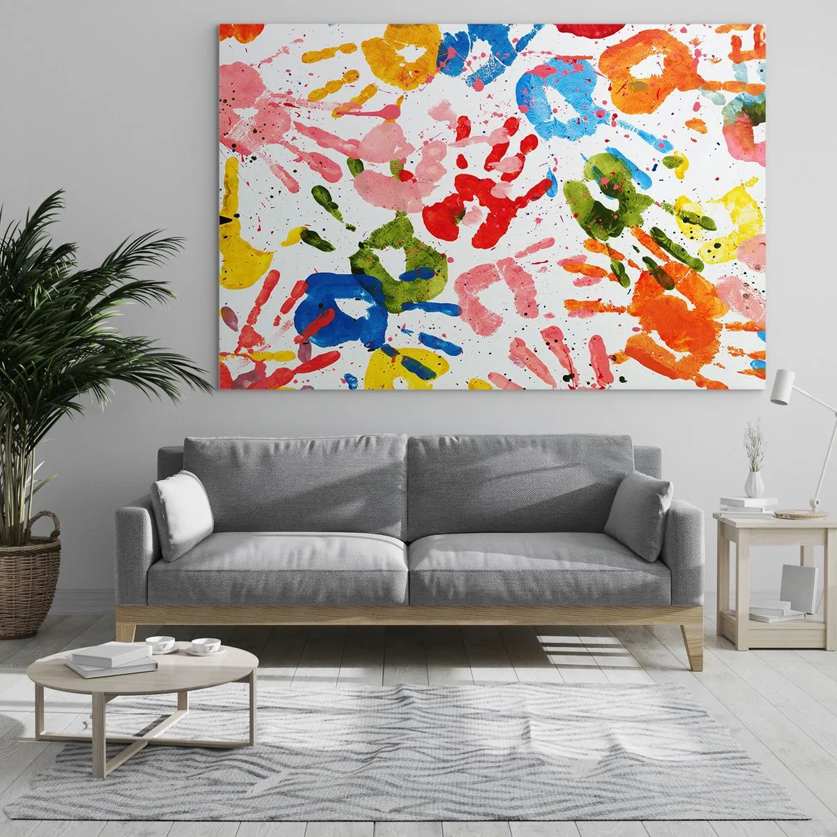 Glasbild - Bild auf glas - Bunte Handabdrücke auf weißem Hintergrund - 100x70cm - Folgen Sie den Spuren - Moderne Wanddekoration für Wohnzimmer und Schlafzimmer ARTTOR