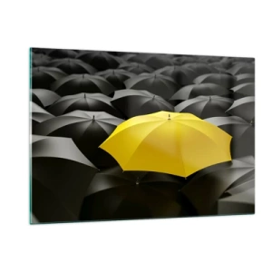 Glasbild - Bild auf glas - Ein gelber Regenschirm, der zwischen den schwarzen hervorsticht - 120x80cm - Auf Wiedersehen Trauer - Moderne Wanddekoration für Wohnzimmer und Schlafzimmer ARTTOR