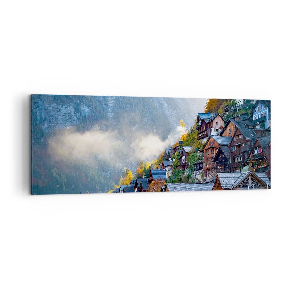 Bild auf Leinwand - Leinwandbild - Ein Bergdorf an einem See in herbstlicher Landschaft - 140x50cm - Alpenatmosphäre - Moderne Wanddekoration für Wohnzimmer und Schlafzimmer ARTTOR