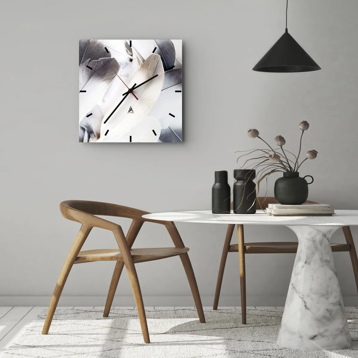 Wanduhr - Glasuhr - Nahaufnahme zarter Federn in Weiß- und Grautönen - 30x30cm - Fast engelhaft - Moderne Wanddekoration für Wohnzimmer und Schlafzimmer ARTTOR