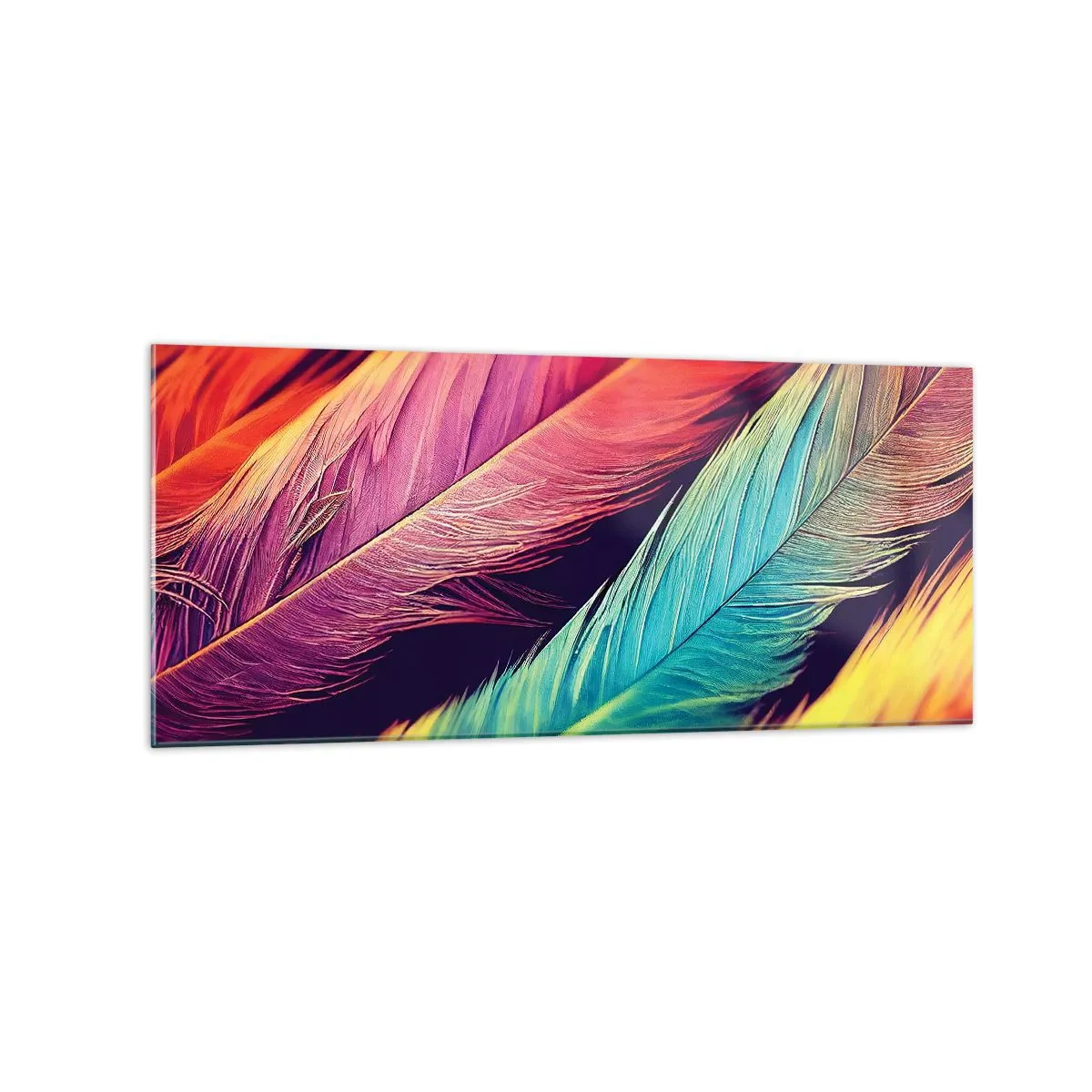 Glasbild - Bild auf glas - Bunte Federn in intensiven Farben - 120x50cm - Gefiederter Regenbogen - Moderne Wanddekoration für Wohnzimmer und Schlafzimmer ARTTOR