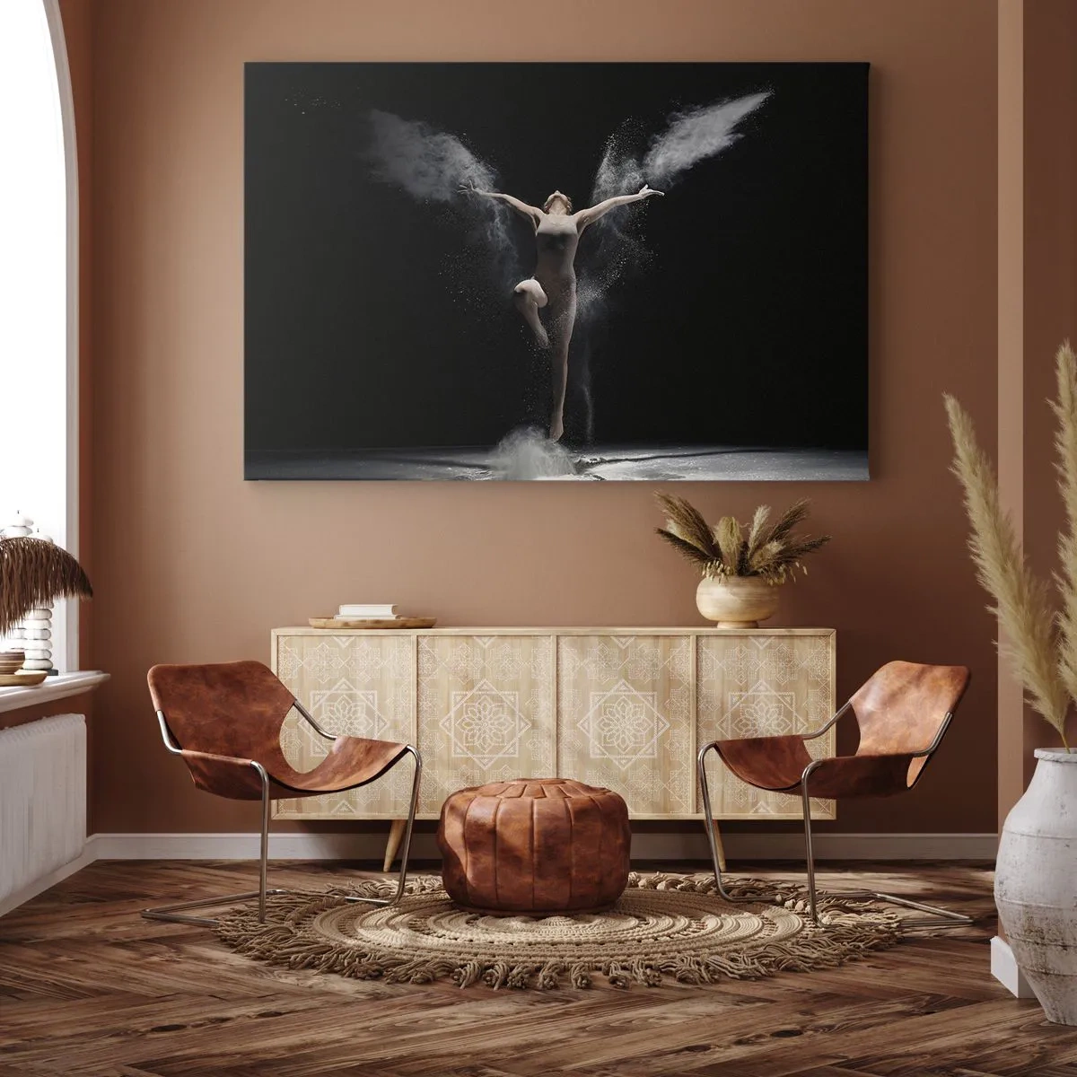 Bild auf Leinwand - Leinwandbild - Eine Tänzerin in Bewegung mit einem auffälligen Staubeffekt auf schwarzem Hintergrund - 70x50cm - Elfen existieren - Moderne Wanddekoration für Wohnzimmer und Schlafzimmer ARTTOR