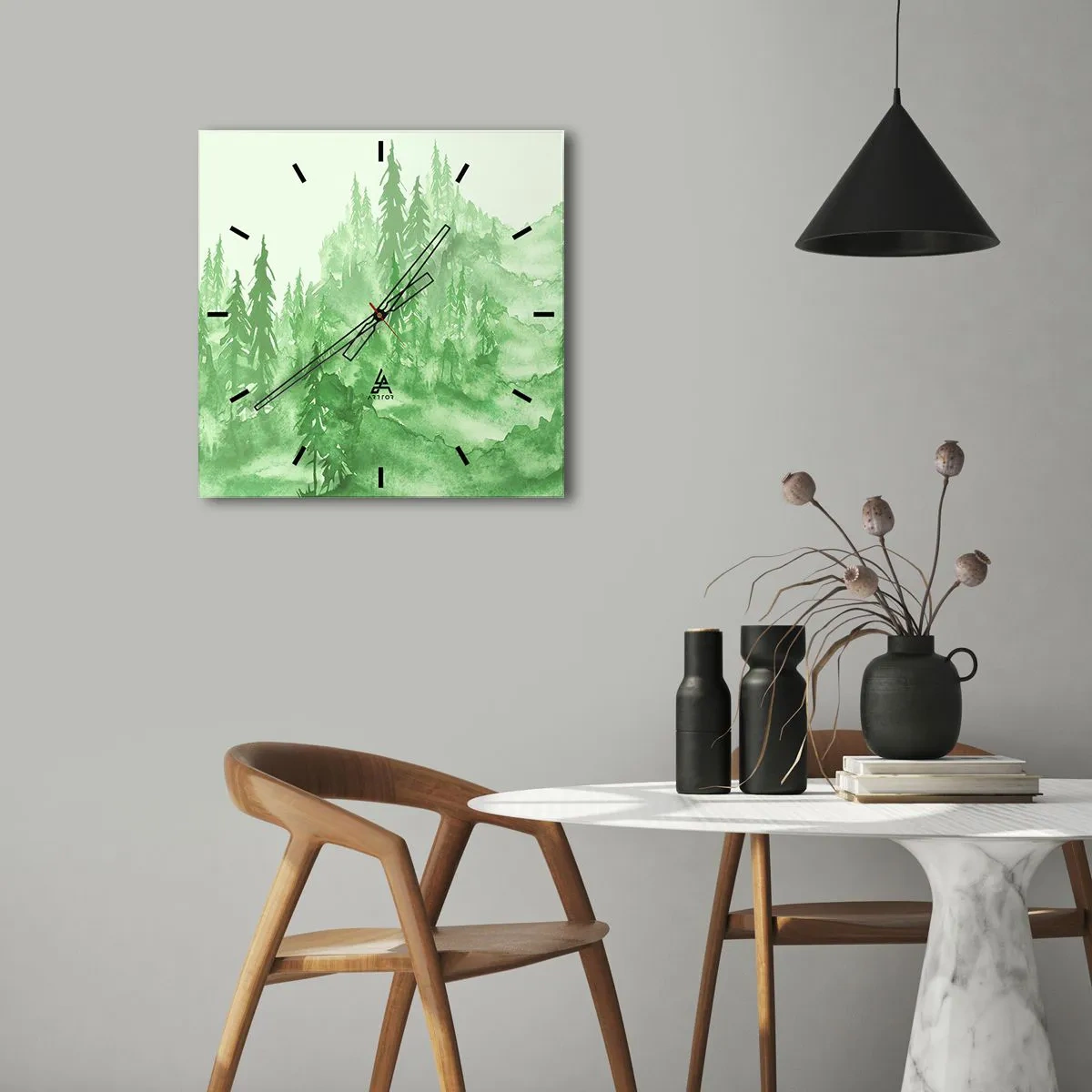 Wanduhr - Glasuhr - Grüner Wald im Aquarellstil auf hellem Hintergrund - 30x30cm - Verschwommen mit grünem Nebel - Moderne Wanddekoration für Wohnzimmer und Schlafzimmer ARTTOR