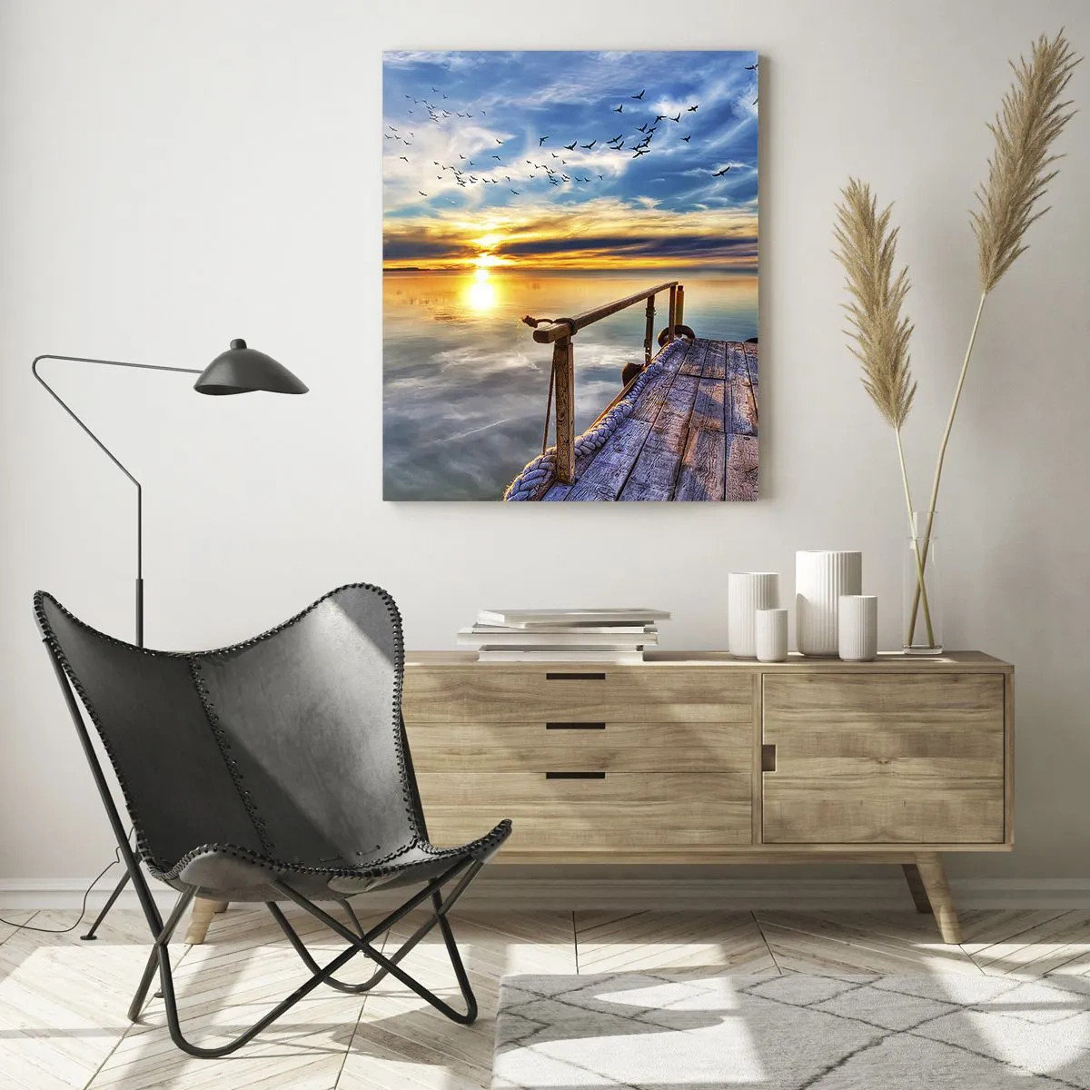 Glasbild - Bild auf glas - Holzsteg über dem See bei Sonnenuntergang - 70x100cm - Der Wind geht zur Ruhe - Moderne Wanddekoration für Wohnzimmer und Schlafzimmer ARTTOR