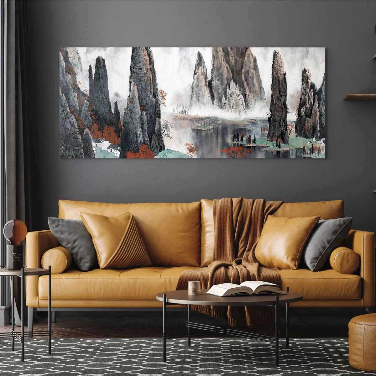 Glasbild - Bild auf glas - Malerische Felsen und Bäume in der nebligen chinesischen Landschaft - 140x50cm - Mächtige Wächter - Moderne Wanddekoration für Wohnzimmer und Schlafzimmer ARTTOR