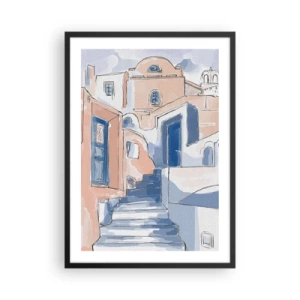 Poster in einem schwarzem Rahmen - Eine malerische Straße im mediterranen Stil in Blautönen - 50x70cm - Exotische Stadt - Moderne Wanddekoration für Wohnzimmer und Schlafzimmer ARTTOR