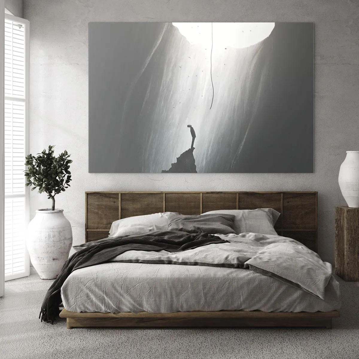 Glasbild - Bild auf glas - Ein Mann steht in der Dunkelheit am Fuße eines leuchtenden Ausgangs über einem Abgrund - 70x50cm - Es gibt immer einen Ausweg - Moderne Wanddekoration für Wohnzimmer und Schlafzimmer ARTTOR