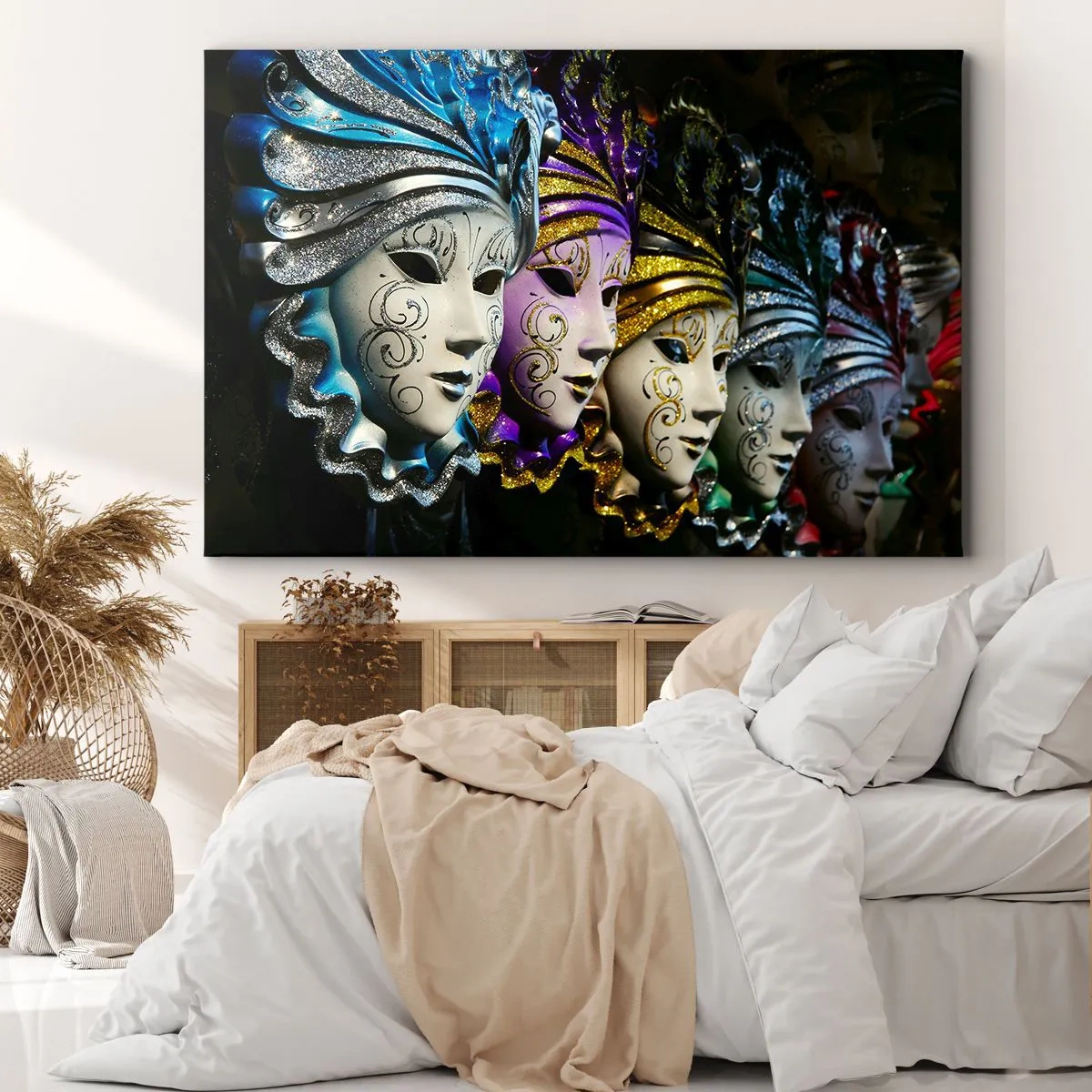 Bild auf Leinwand - Leinwandbild - Venezianische Masken in verschiedenen Farben mit dekorativen Mustern - 120x80cm - Geheimnis in Gold und Silber - Moderne Wanddekoration für Wohnzimmer und Schlafzimmer ARTTOR