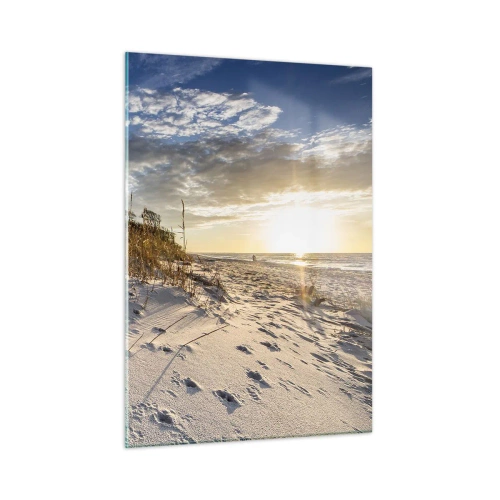Glasbild - Bild auf glas - Sandstrand bei Sonnenuntergang mit Gräsern an der Düne - 50x70cm - Einladung zu einem Spaziergang - Moderne Wanddekoration für Wohnzimmer und Schlafzimmer ARTTOR