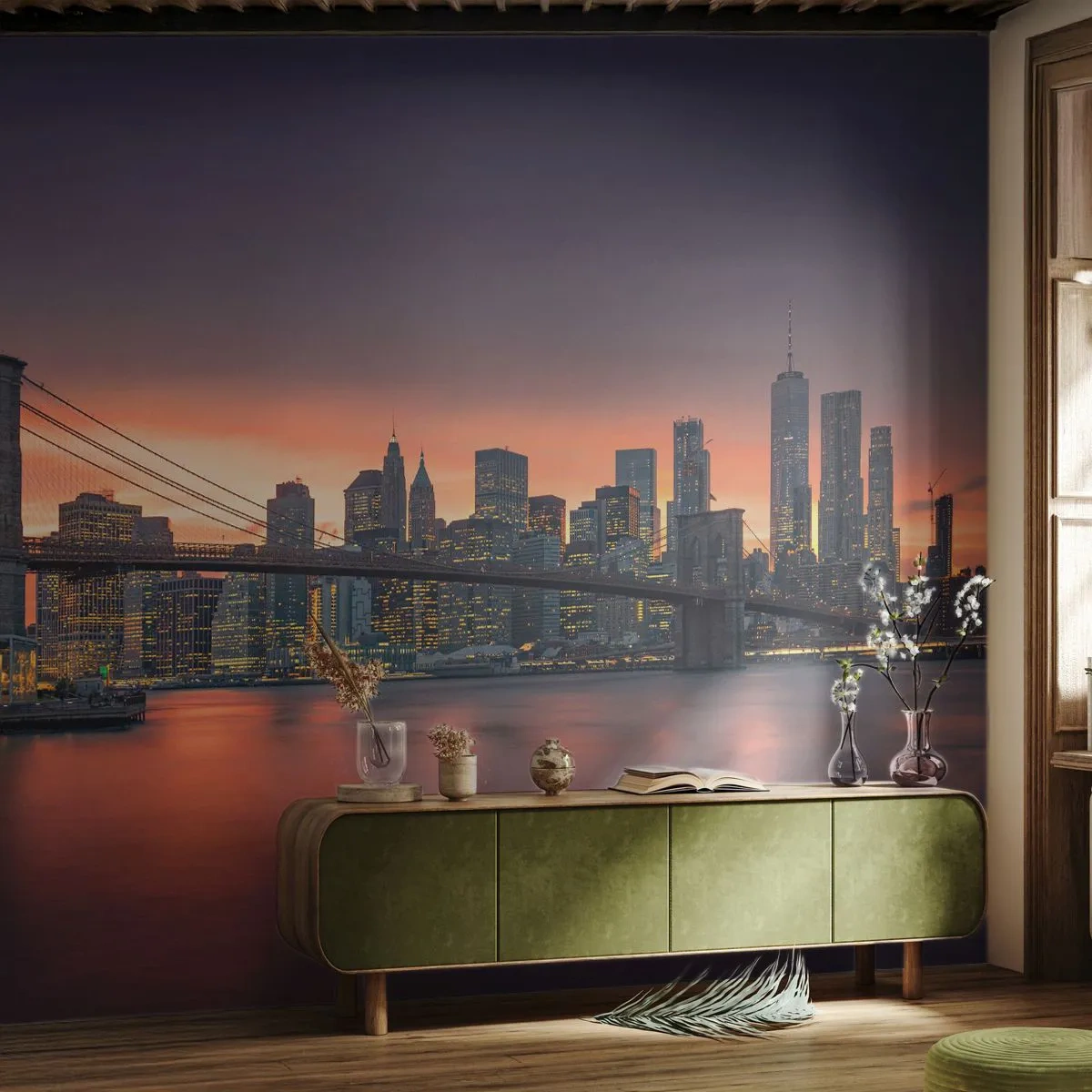 Fototapete Premium Sand - Eingetaucht in lila Stille - New York, Stadt, Brooklyn Brücke - 450x315 cm