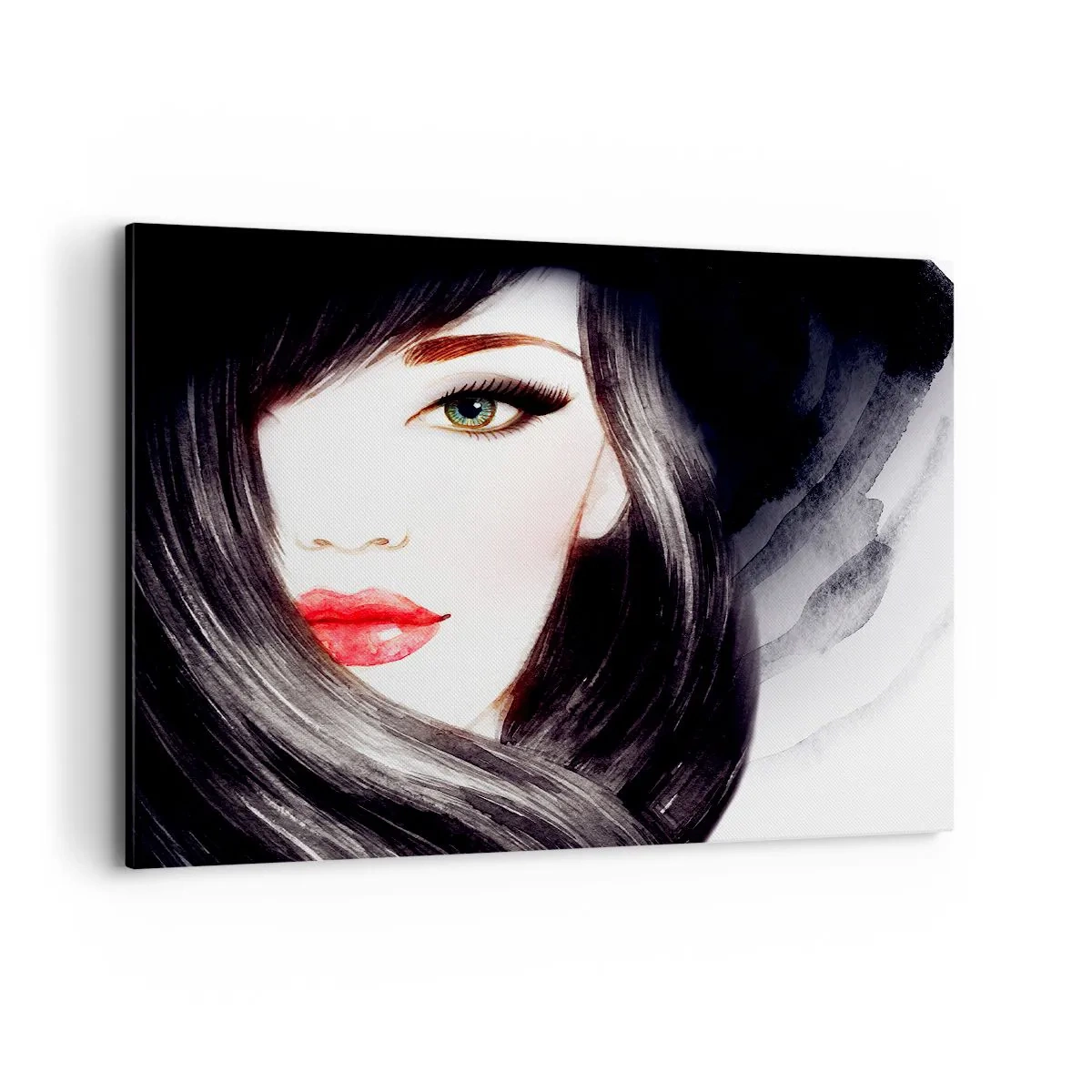 Bild auf Leinwand - Leinwandbild - Porträt einer Frau mit ausdrucksstarkem Blick und roten Lippen - 100x70cm - Saphir-Optik - Moderne Wanddekoration für Wohnzimmer und Schlafzimmer ARTTOR