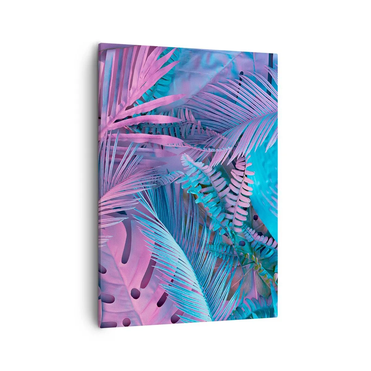 Bild auf Leinwand - Leinwandbild - Tropische Blätter in Rosa- und Blautönen - 50x70cm - Tropen in Rosa und Blau - Moderne Wanddekoration für Wohnzimmer und Schlafzimmer ARTTOR