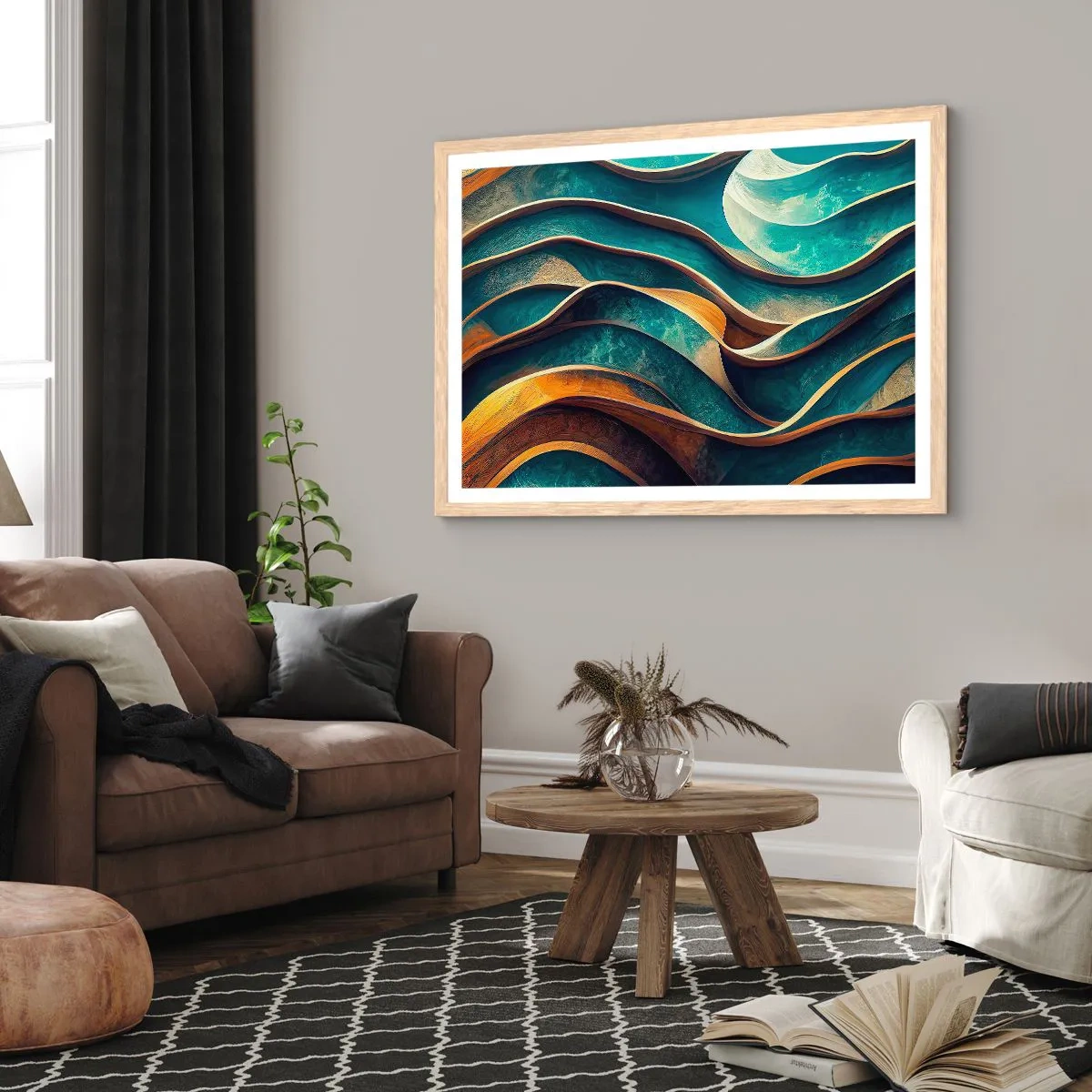 Poster in einem Rahmen aus heller Eiche - Blaue Mäander - 50x40 cm