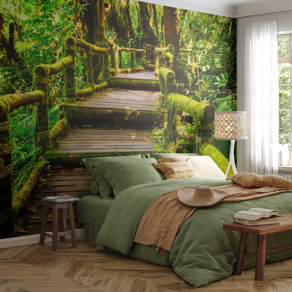 Fototapete Premium Sand - Ein Holzpfad in einem dichten, grünen tropischen Wald - 100x70cm - Ein Korridor voller Grün - Moderne Wanddekoration für Wohnzimmer und Schlafzimmer ARTTOR