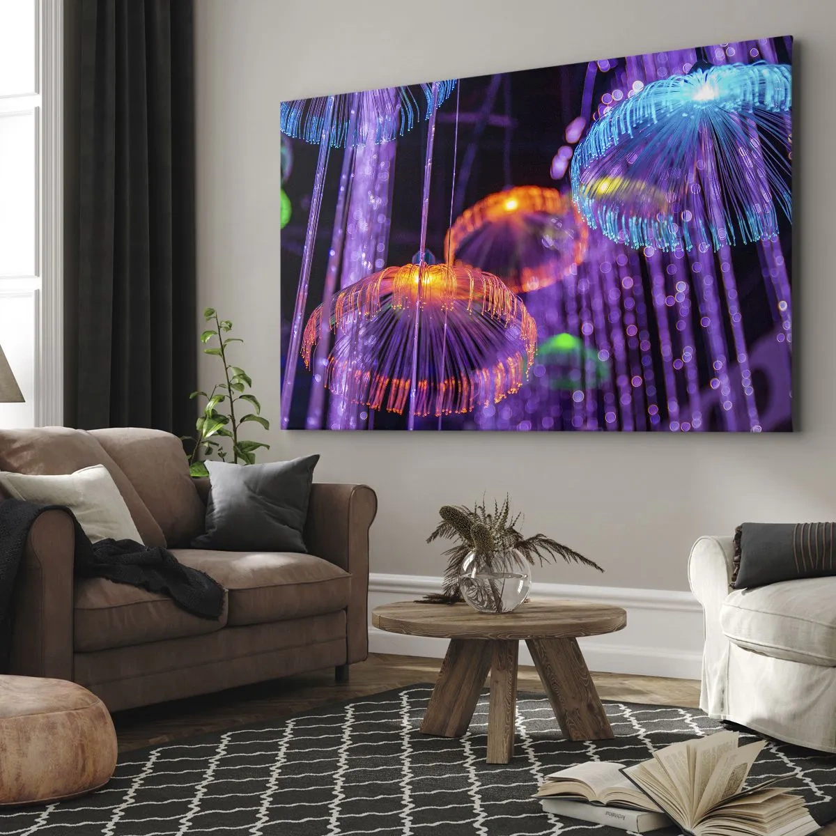 Bild auf Leinwand - Leinwandbild - Bunte leuchtende Quallen in einer dunklen Umgebung - 70x50cm - Lichtbrunnen - Moderne Wanddekoration für Wohnzimmer und Schlafzimmer ARTTOR