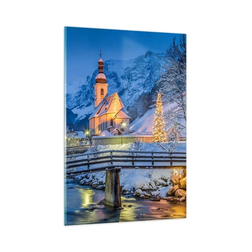 Glasbild - Bild auf glas - Winterlandschaft mit Kirche, Brücke und Bergen in der Abenddämmerung - 80x120cm - Weihnachtsgeist - Moderne Wanddekoration für Wohnzimmer und Schlafzimmer ARTTOR